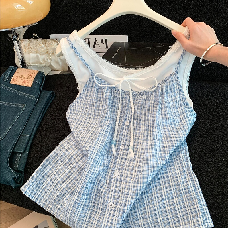 Pink Plaid Two-Piece Set Camisole for Women, New Summer T-Shirt with a Stylish Design, Loose Fit, Slimming Sleeveless Top