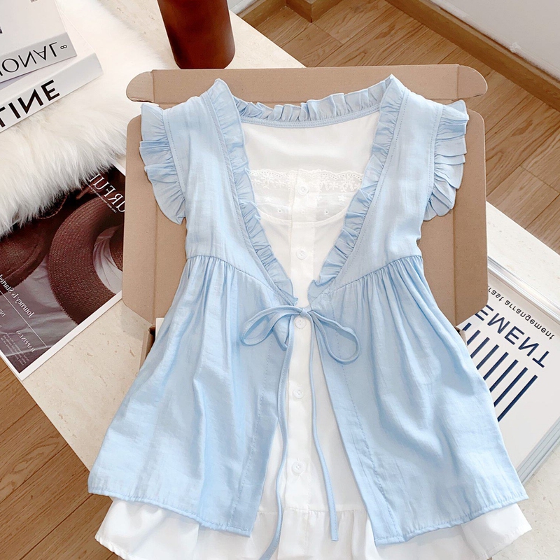 French-Style Ruffled Fake Two-Piece Short-Sleeve Shirt for Women, New Summer Sweet Style, Age-Reducing Doll Shirt, Loose Top
