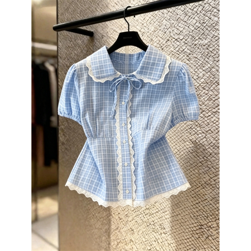 French Doll Collar Tie-Up Bubble Plaid Shirt for Women 2026 Summer New Lace Trim Slimming Short-Sleeve Top