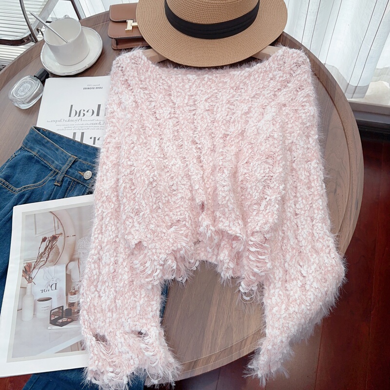 High-End Brand Clearance Pink Fringed Soft Sweater for Women, Autumn and Winter, Trendy Ripped Cable Knit Top