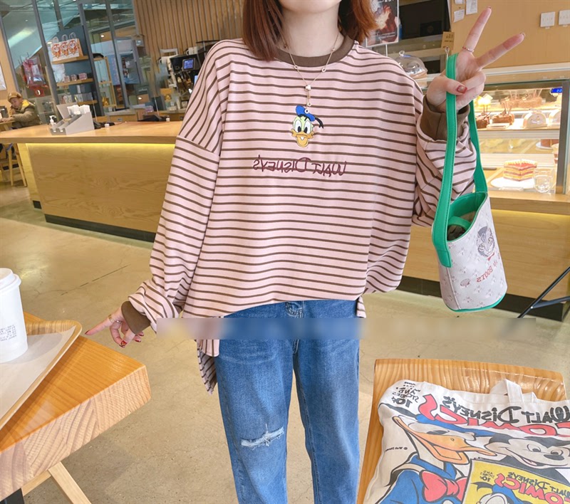 Korean Dongdaemun Autumn New Arrival Mid-Length Cartoon Donald Duck Head Embroidered Stylish Striped Sweatshirt for Women Long Sleeve Korean Dongdaemun Autumn New Arrival Mid-Length Cartoon Donald Duck Head Embroidered Stylish Striped Sweatshirt for Women Long Sleeve