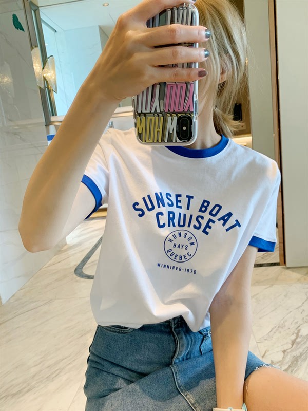 South Korea's Dongdaemun Youthful Style Fashionable Texture Pure Cotton Small Blue Edge with Blue Letters Refreshing White T-Shirt for Women