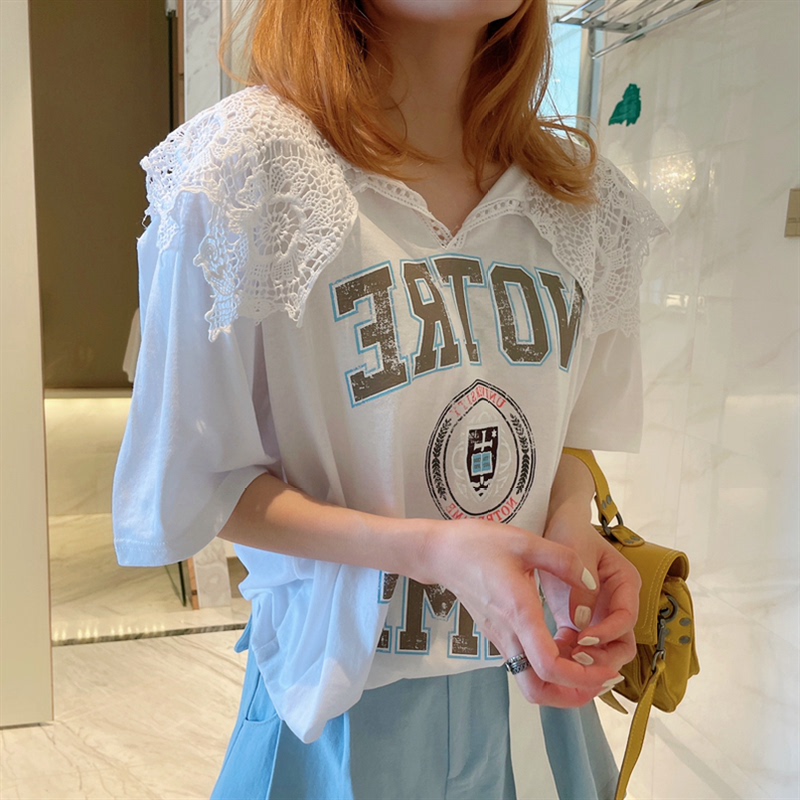 Korean New Summer Genuine Dongdaemun Crochet Lace Lapel White Casual Letter Short-Sleeved Cotton T-Shirt for Women