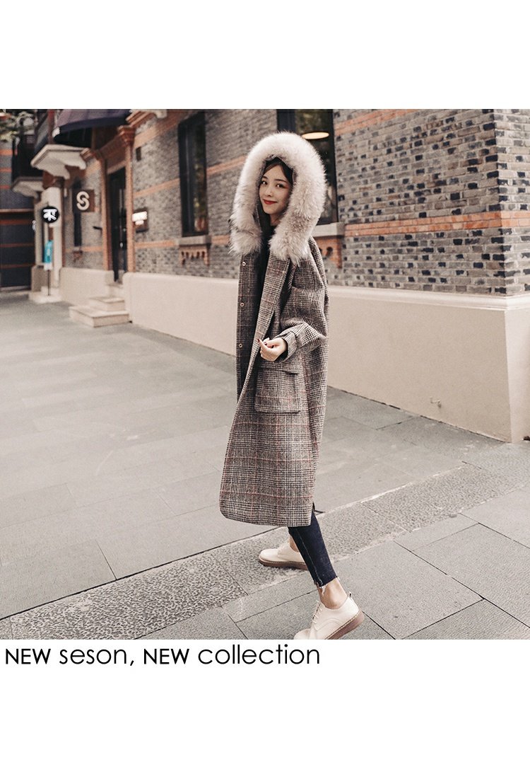Phiên bản tiếng Hàn mới của áo dài mỏng trùm đầu lông thú lớn cổ áo kẻ sọc retro áo khoác len nữ mùa đông dày áo khoác nike