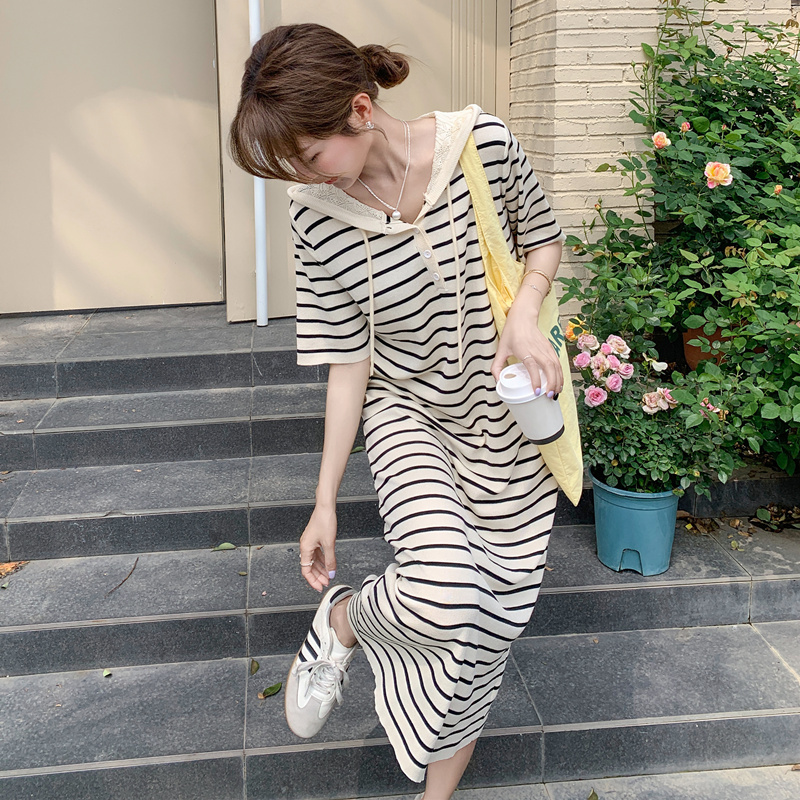 Korean Style Casual Slimming Lazy Style Lace Hooded Striped T-Shirt Long Dress Summer New College Style Dress for Women Korean Style Casual Slimming Lazy Style Lace Hooded Striped T-Shirt Long Dress Summer New College Style Dress for Women