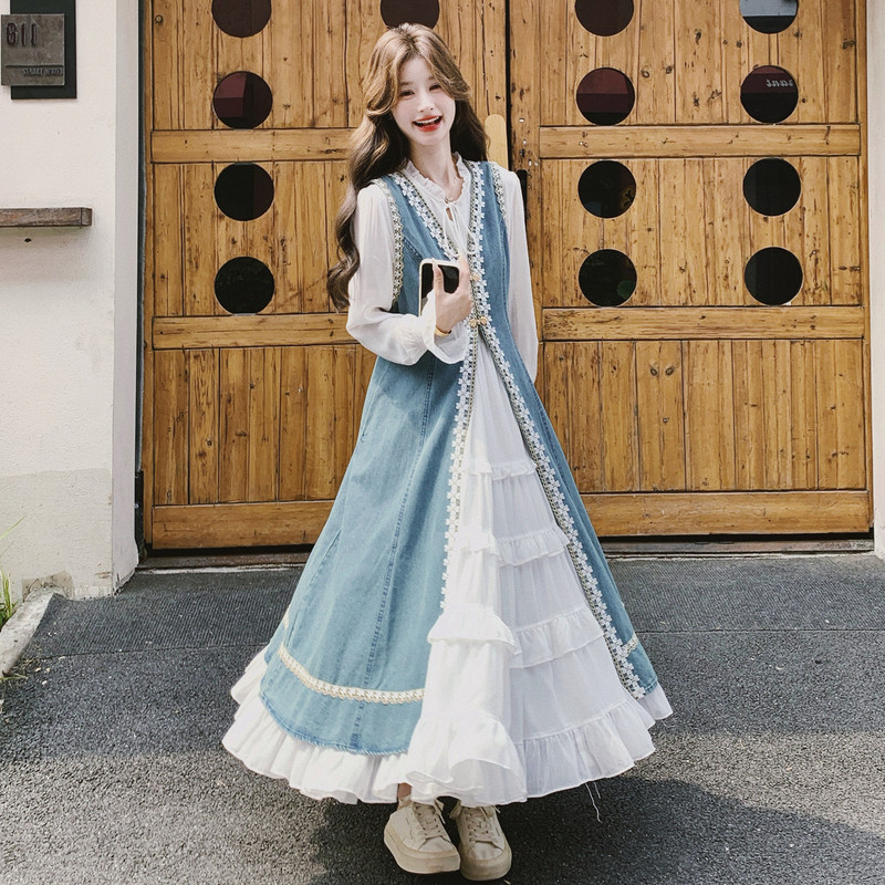 Designed Denim Vest Long Skirt Slimming Two-Piece Dress Women's New White Ruffled Early Autumn Fairy Dress Designed Denim Vest Long Skirt Slimming Two-Piece Dress Women's New White Ruffled Early Autumn Fairy Dress