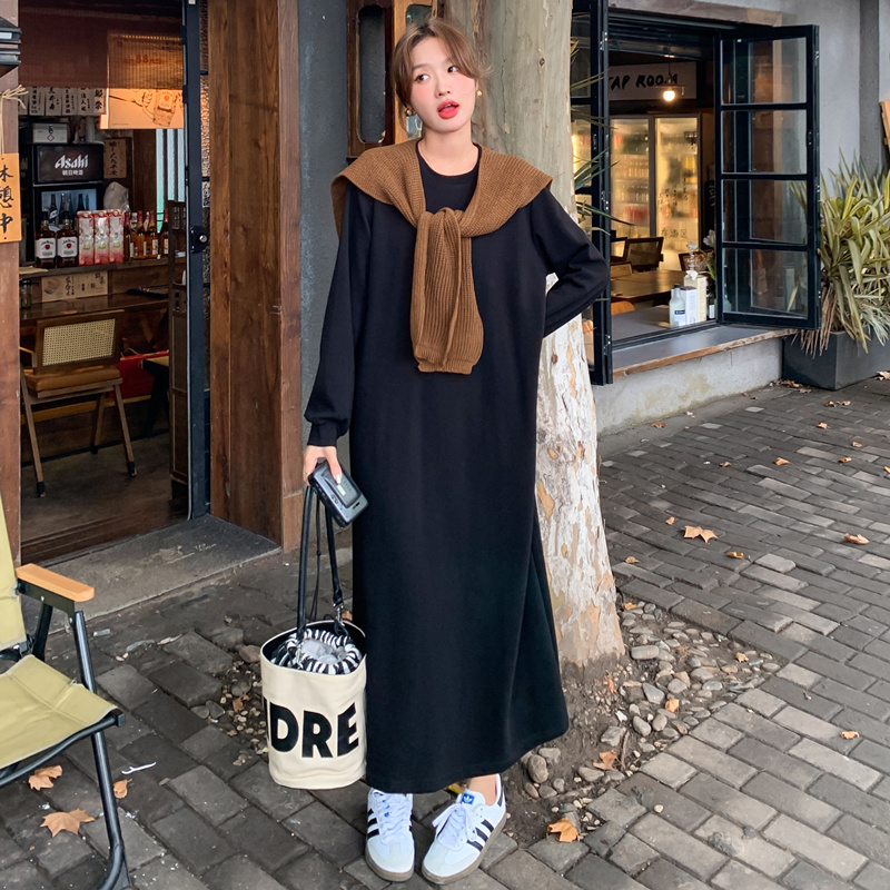 Knitted Sweater Shawl Black Sweatshirt Long Dress Spring and Autumn New Casual Slimming T-Shirt Dress Gentle Temperament Dress