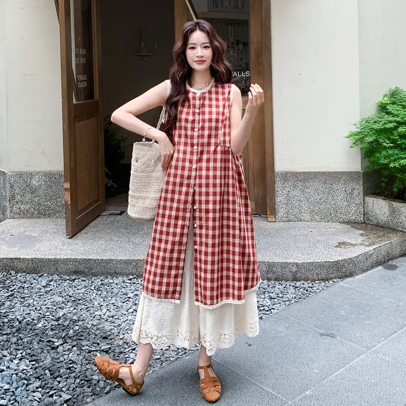 Red Plaid Sleeveless Blouse Shirt Dress Casual Lace Cropped Wide-Leg Pants Casual Layered Two-Piece Dress Summer