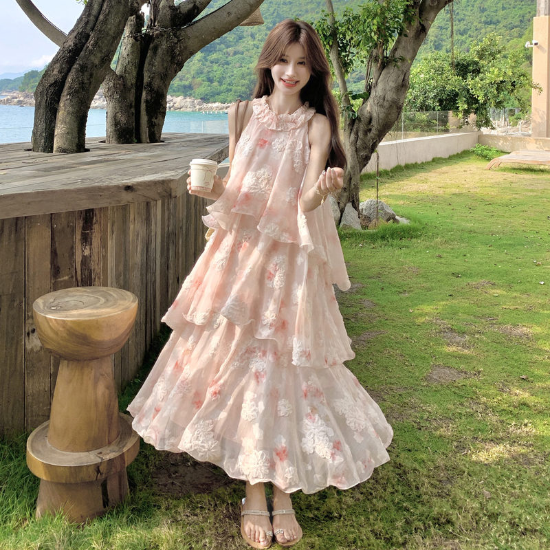 Pink Heavy Craft Lace Embroidery Printed Halter Neck Long Dress, New Summer Romantic Vacation Stunning Cake Dress