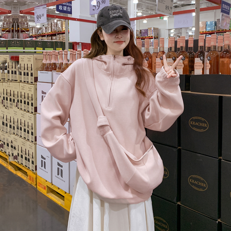 Pink Versatile Youthful Hooded Sweatshirt with Pockets for Women, 2026 Spring New Style, Petite Casual Base Layer Top
