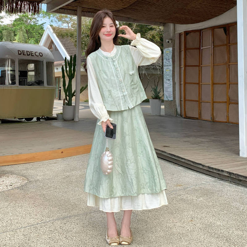 Green Forest-Style New Chinese-Style Printed Vest Casual Shirt Set Summer New Slim-Fit Elegant Skirt Three-Piece Set