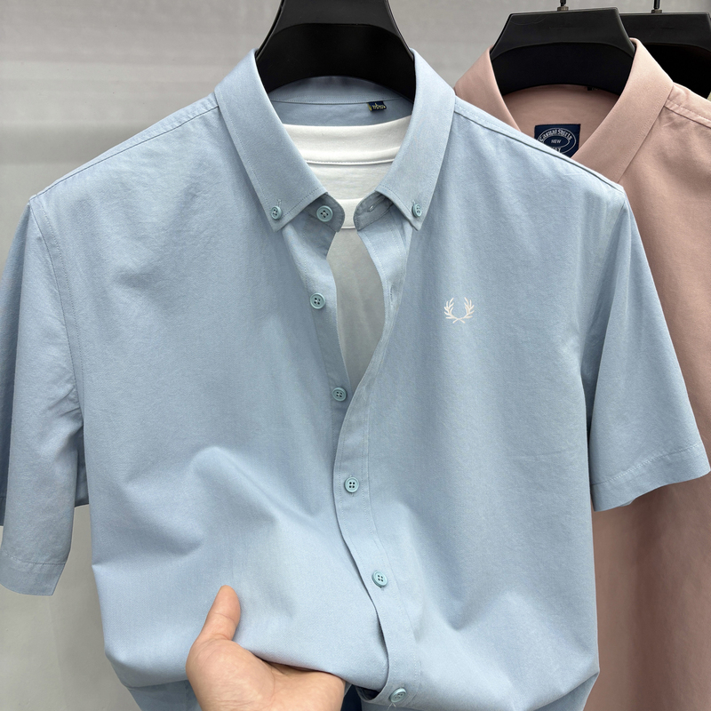Fb Men's Clothing Authentic Men's Short-Sleeve Turn-Down Collar Shirt Casual Style Pure Cotton Breathable Business Shirt Pure Cotton Embroidery