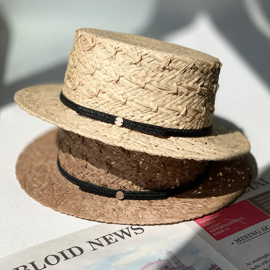 New Summer Raffia Small Top Hat for Women, Flat-Top Straw Hat with Small Brim, Hand-Woven Sun Protection Beach Hat