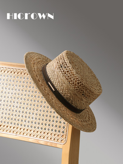 Summer new style men and women Lafite-Hotted Hand-woven Flat Top Hat Wide Band Sunshade Sun Protection Vacation French Beach