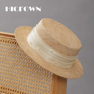 Women's New Summer Straw Hat, Flat-Top Straw Hat for Seaside Vacation, Beach Sun Protection, French-Style Pearl Linen Yarn