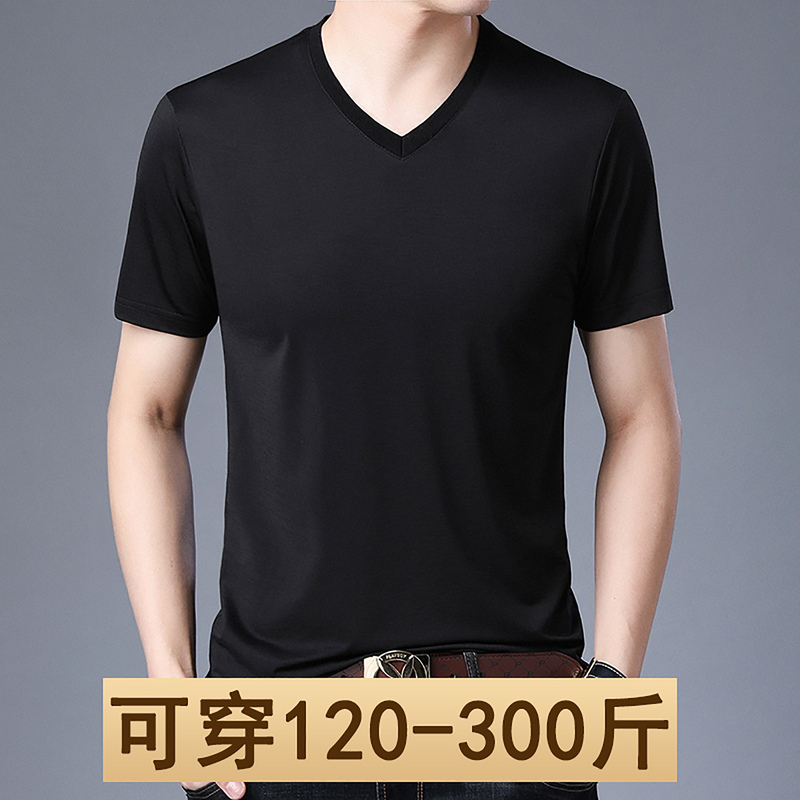 Plus Size Men's Short-Sleeve T-Shirt, Summer V-Neck, 100% Pure Color Mulberry Silk, Casual Loose Top, Thin Style