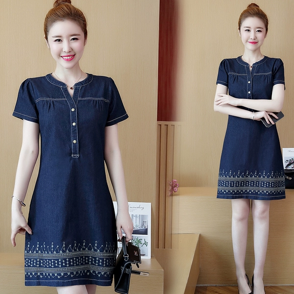 2021 phiên bản Hàn Quốc mới của phụ nữ cỡ lớn thường thêu váy denim ngắn tay ngắn xu hướng váy denim dài giữa - váy đầm