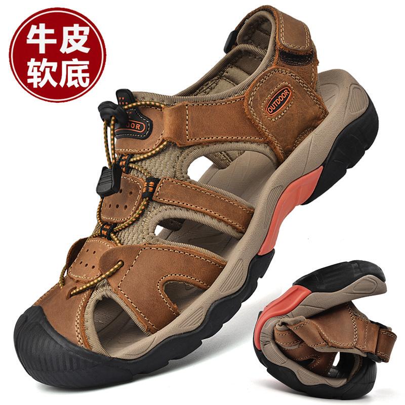 Men's Genuine Leather Sandals 2026 New Summer Casual Outdoor Wear First Layer Cowhide Closed Toe Thick Sole Waterproof River Tracing Beach Shoes