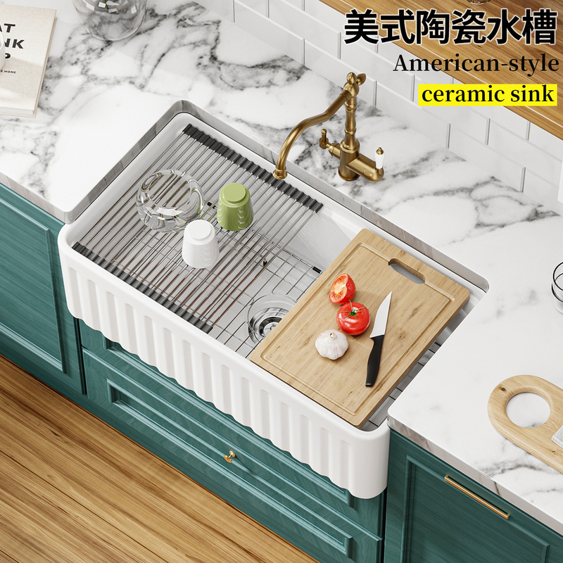 American-Style Retro Ceramic Sink, Large Single Bowl, French-Style Kitchen Semi-Built-In Front-Mounted Sink, Farmhouse Fire-Resistant Earthenware Basin
