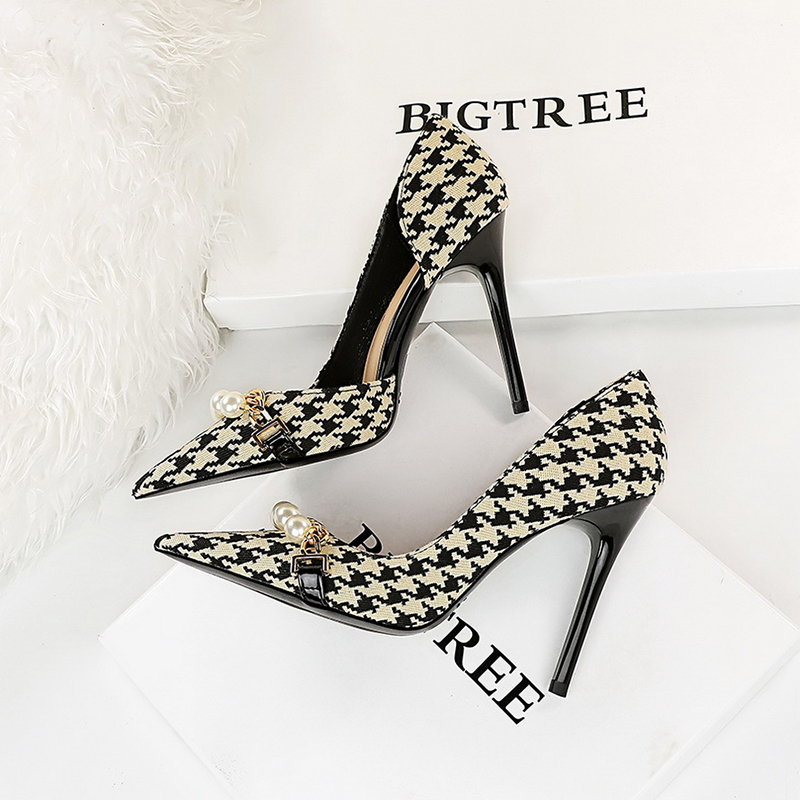 Tweed Style Houndstooth High Heels 2026 Spring New Model Side Air Vent Stiletto Pointed Toe French Style Comfortable Shoes