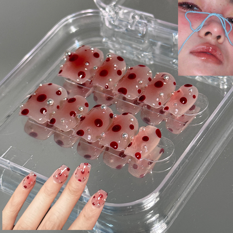 C2 Real Shot of Quirky Red Polka Dot 3D Metal Ball Handmade Wearable Nails with a High-End Feel and Skin-Brightening Effect, Finished Nail Art C2 Real Shot of Quirky Red Polka Dot 3D Metal Ball Handmade Wearable Nails with a High-End Feel and Skin-Brightening Effect, Finished Nail Art