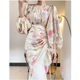 2022 Autumn New French Printing Niche Advanced Design Lantern Sleeve Irregular Fishtail Hip Dress