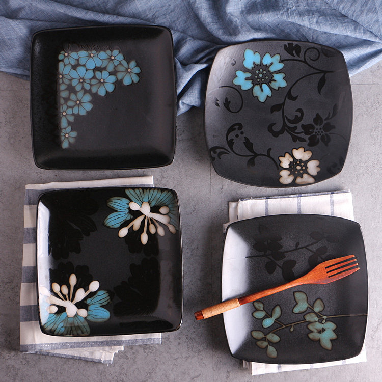 Japanese black hand painted ceramic plate home plate retro dining room tableware flat plate square plate steak breakfast plate