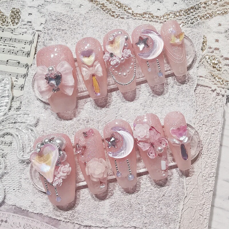 ins Handmade Nails Pure Desire Gentle Girly Pink Brightening Star Moon Rhinestone Nail Stickers Nail Art Patches