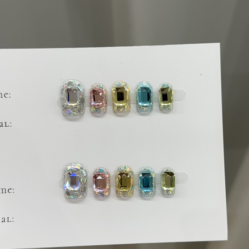 New Summer Dopamine Handmade Colorful Gemstone Press-On Nails Short Square Crystal Diamond Dazzling High-End Nail Art