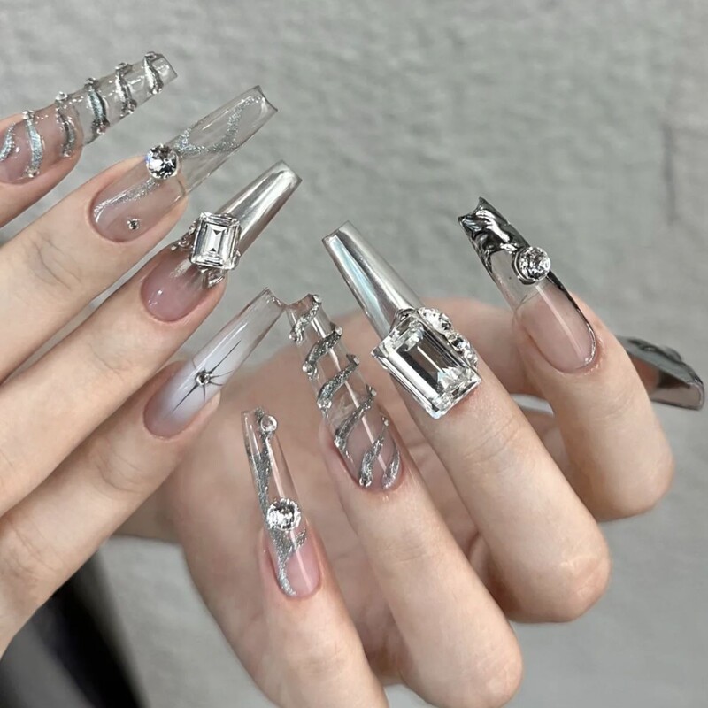 Purely Handmade Wearable Nails 2024 Millennial Hot Girl Ice-Clear Silver Extra-Long T-Shaped Three-Dimensional Cat-Eye Light Luxury Nail Stickers