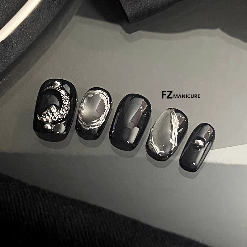 Black Mirror-Like Metallic Texture, Handmade Wearable Nails, Short Nail Art Patches, High-End Niche Design Nails