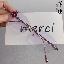 Myopia Glasses Female accessories pure titanium no frame diamond cut edge super light anti-blue temperament elegant inlaid drilling glasses