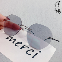 Ultra-light pure titanium myopia mirror color-changing frameless glasses female retro glasses male polygon anti-blue light myopia glasses frame