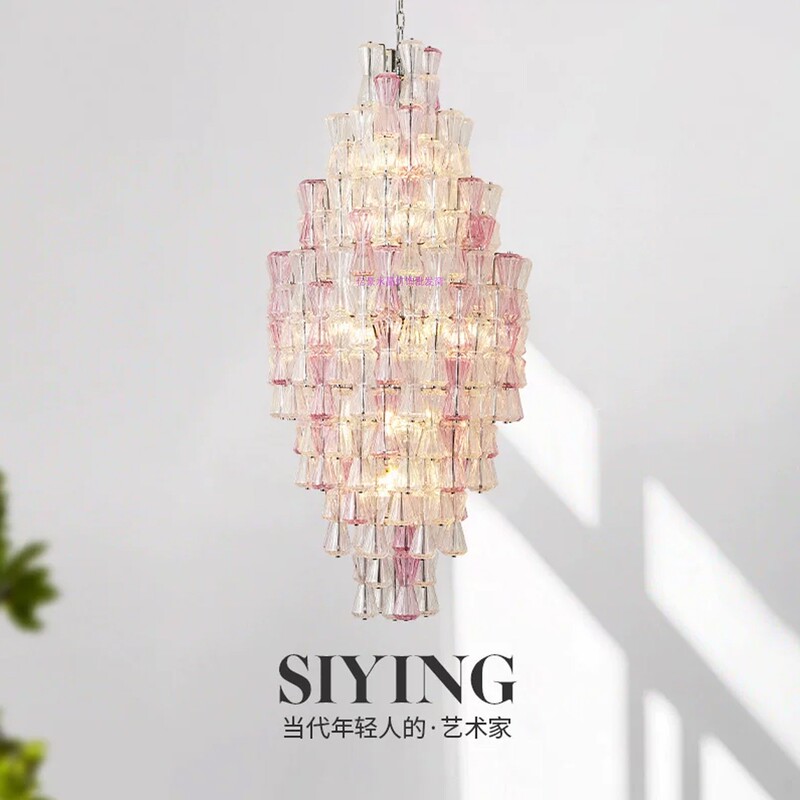 French-Style Light Luxury Pink Wishing Bottle Chandelier for Villa High-Ceiling Living Room, Lobby, Duplex Staircase, Artistic Glass Large Chandelier