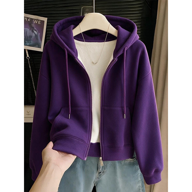 Purple Hooded Sweatshirt for Women, Autumn and Winter Short Jacket, 2026 New Style, Solid Color, Lazy Style, Petite Cardigan Top Purple Hooded Sweatshirt for Women, Autumn and Winter Short Jacket, 2026 New Style, Solid Color, Lazy Style, Petite Cardigan Top