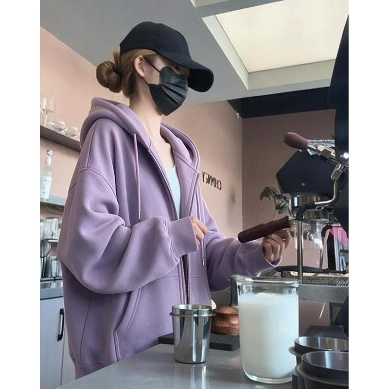 Taro Purple Zip-Up Hoodie Jacket for Women 2026 New Fashion Trendy Mid-Length Lazy Style Hooded Top
