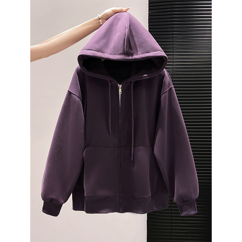Purple Hooded Sweatshirt for Women 2025 New Autumn and Winter Style, Loose and Lazy Style, Warm Zipper Cardigan Jacket Top