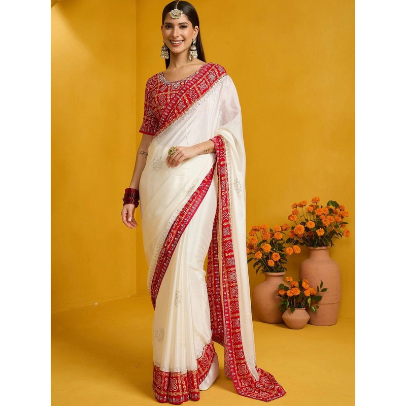 【Nianxi】Off-White Bandhani Style Indian Saree with Embroidered Beads, Party Wear Wrap Dress for Women, Unique Exotic Style 【Nianxi】Off-White Bandhani Style Indian Saree with Embroidered Beads, Party Wear Wrap Dress for Women, Unique Exotic Style