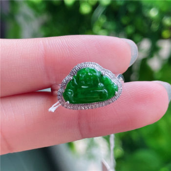 New product in september: hongyu jadeite 18k gold inlaid ice waxy green laughing buddha exquisite ring hy0770