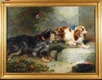 Fort Royal Lion European Antique Oil Painting Two Puppies Author George Armsfield 1808-1893