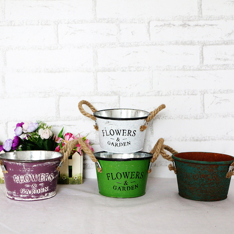 Rust-proof retro tin flowerpot wrought iron flower utensils American country nostalgic retro creative succulent flowerpot tin bucket
