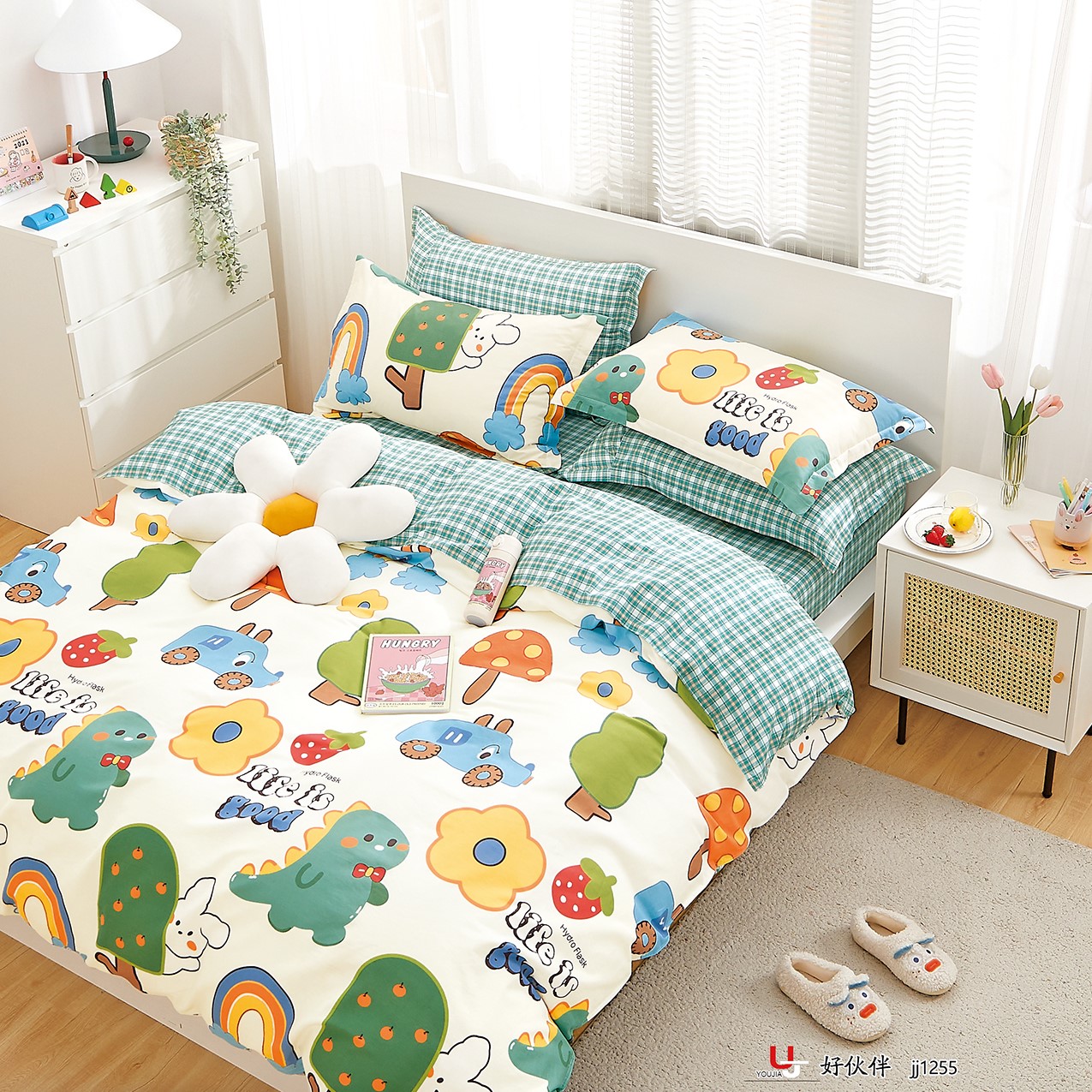 Total Cotton Cartoon Bed Linen Single Pieces Children's Bed Hood Pure Cotton Dorm Room Single Double Step Up Bed Linen Quilt single New pint bed linen
