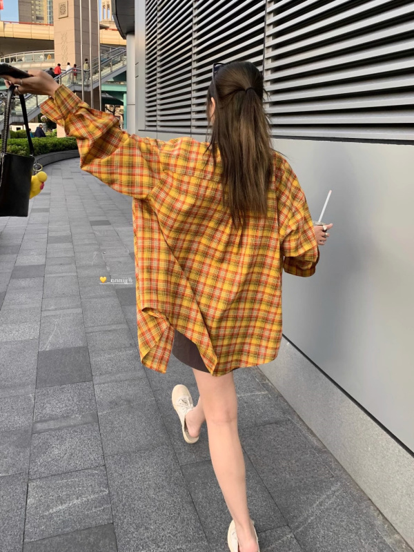 American Retro Yellow Plaid Shirt for Women, Summer Loose Long-Sleeved Sun Protection Plaid Shirt, Contrasting Color Top Jacket ins