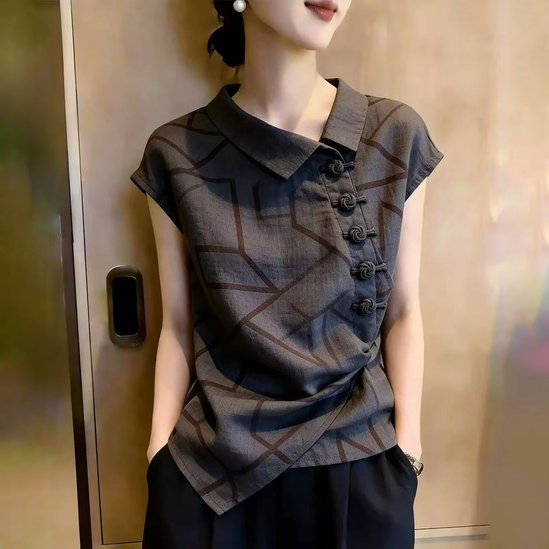 Dark Gray Irregular Collar Short-Sleeved Shirt for Women 2026 Summer New Style Accessible Luxury Casual and Stylish Age-Reducing Work Clothing Top
