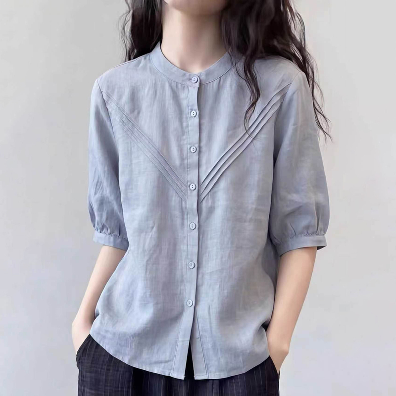 Light Blue Five-Quarter Sleeve Shirt for Women, 2026 Summer New Style, Fashionable, High-End, Slimming, Age-Reducing, Commuting Casual Top Light Blue Five-Quarter Sleeve Shirt for Women, 2026 Summer New Style, Fashionable, High-End, Slimming, Age-Reducing, Commuting Casual Top