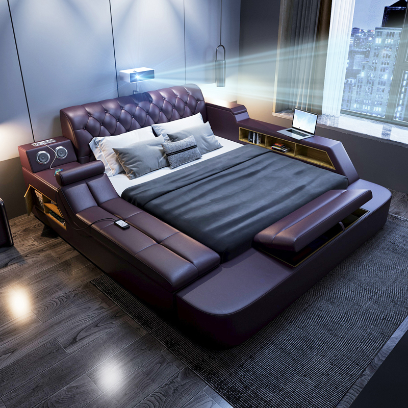 Multifunctional Massage Tatami Bed, Leather Bed, Double Bed, Master Bedroom Wedding Bed, Modern Minimalist Bedroom Smart Soft Bed