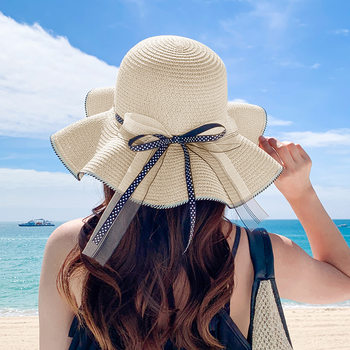 Polka dot streamer raffia straw hat sun hat fashion cool hat female seaside bow summer big eaves sunscreen sunshade beach