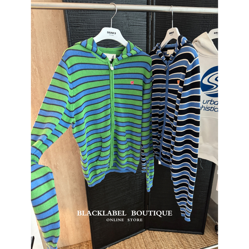 Distinguished from the Market, Blacklabel Stickman Retro Striped Knit Cardigan Zipper Hoodie 26 Early Autumn
