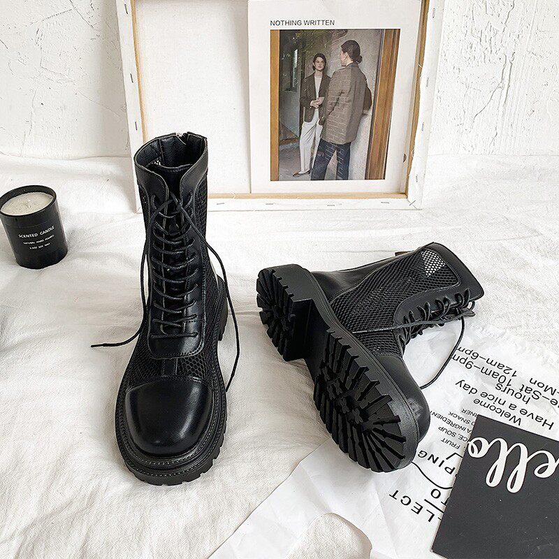 Middle Cylinder Fried Street Martin Boots Winter Thin women 2023 New Inlennet heightening hollowed-out mesh yarn short boots-Taobao
