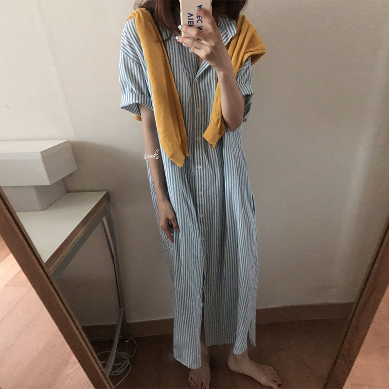 Maternity Dress Long Plus Size Women's Clothing Blue Short-Sleeved Knee-Length Dress Lazy Striped Cardigan Shirt Dress Summer